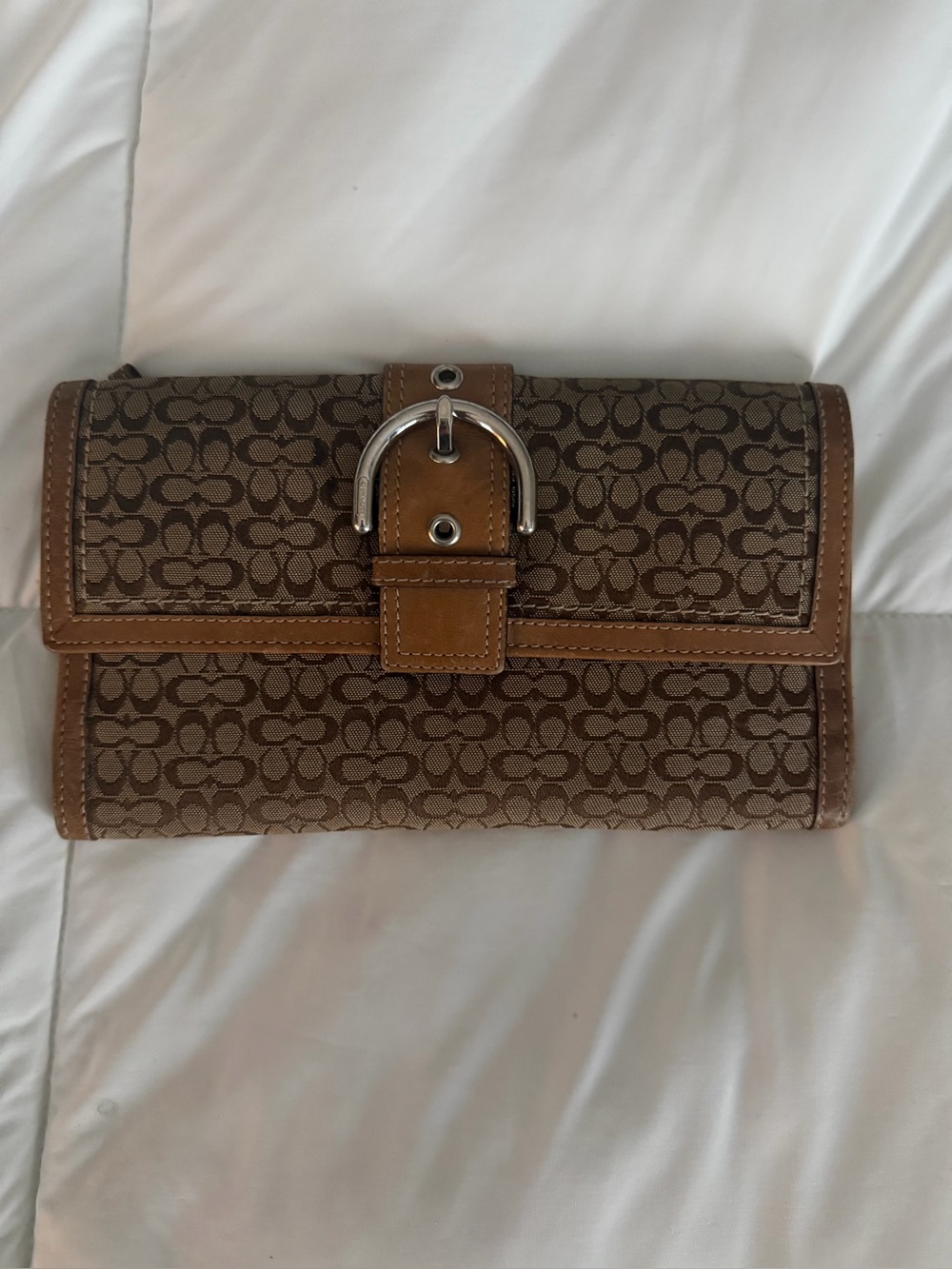 Coach Brown Signature Canvas Fold-Over Clutch with Buckle